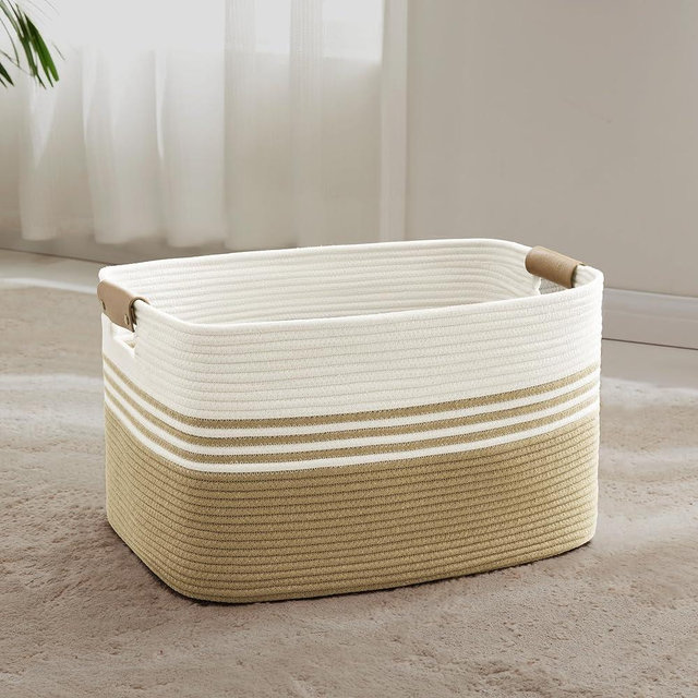 SunNewt 60L Large Laundry Basket with Leather Handles for Living Room Storage, Woven Rope BasketsBin for Blanket, Kids Toy, Gifts, Wicker Hamper for Bedroom Dirty Clothes, 21"x15"x11" Khaki