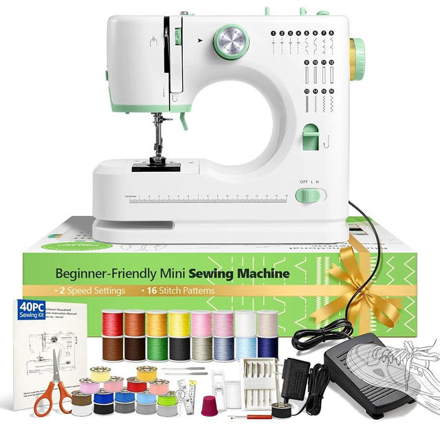 Lastempa Mini Sewing Machine, 16 Stitches Dual Speed Portable Sewing Machine, Double Needle & Thread with Foot Pedal, LED Light and Sewing Kit, Easy to Use for Beginners, DIY Craft & Clothing Repair