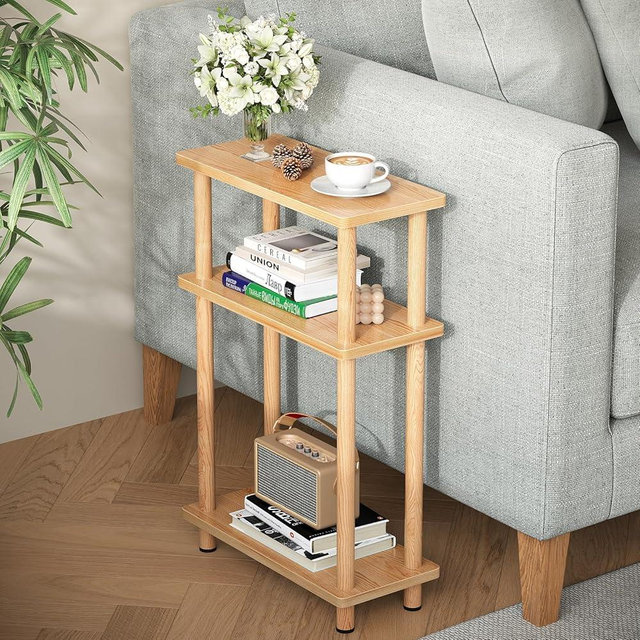Apicizon Small Narrow Side Table, 3-Tier Skinny End Table for Small Spaces, Slim Nightstand with Storage Shelf, Bedside Table for Living Room, Bedroom, Natural