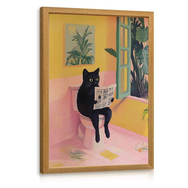Cyebmo Funny Bathroom Wall Art, Cute Black Cat Sitting on Toilet Reading Newspaper Wall Decor, Whimsical Pink Abstract Animal Canvas Artwork for Bathroom Kid's Restroom Bedroom Wood Framed 12x16 Inch