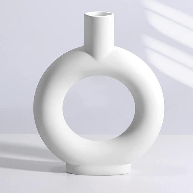 Gunlar Modern White Ceramic Vase - Decorative Hollow Donut Floral Vase Home Decor Centerpieces, Flower Vase for Living Room, Kitchen, Office, Table, Bookshelf, Wedding Decor (White)