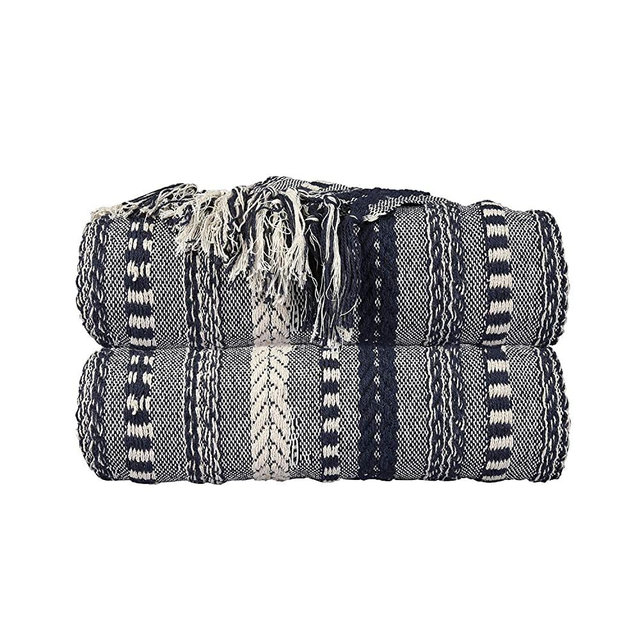 Cotton Braided Striped Throw Blanket 50x60 Inches Soft Cozy Navy Blue Blanket with Decorative Tassels for Sofa Couch Chair Bed Home Decor