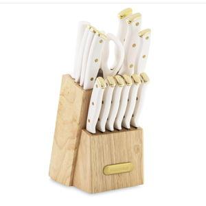 Farberware 15-Piece Triple Riveted Knife Block Set, High Carbon-Stainless Steel Kitchen Knives, Razor-Sharp Knife Set with Wood Block, White and Gold