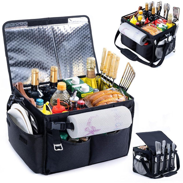 FRECOLSH Large Grill Caddy with Lid – BBQ Organizer for Camping, Tailgating, RV, Boating – Grilling Gifts for Men – Collapsible Griddle Tote Bag with Shoulder Strap – Outdoor Essentials