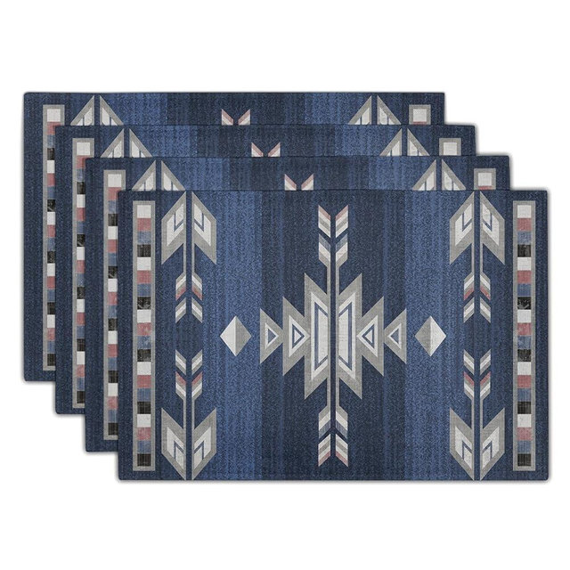 Giwawa Southwestern Placemats Set of 4, Navy Blue Grey Ethnic Tribal Geometric Decorative Place Mat, 12"x18" Native American Heat Resistant Table Mats for Dining Kitchen Party