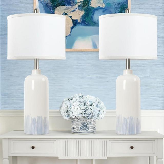 Sucolite 26in Ceramic Table Lamps Set of 2, Coastal Living Room Table Lamps with White Fabric Shades, Large Modern Bedside Lamps for Bedroom Nightstand Office Hotel Beach House, Blue Accent