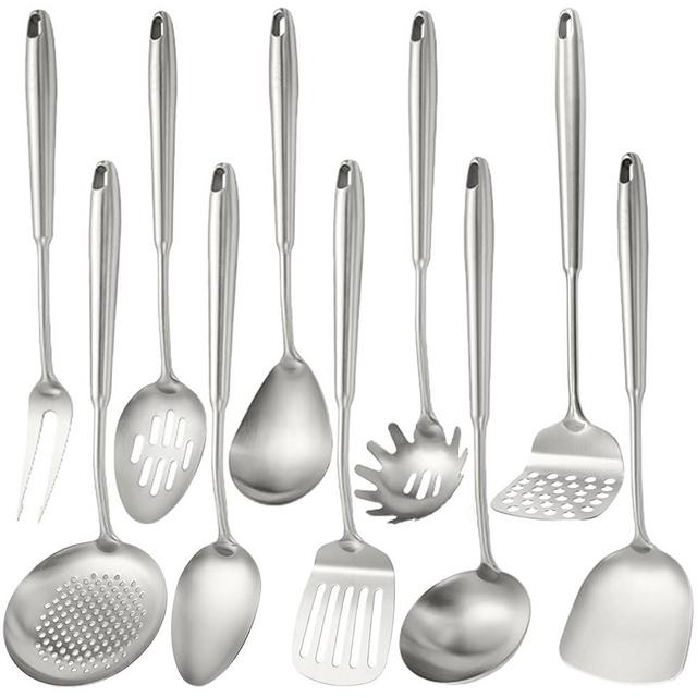 10 PCS Stainless Steel Kitchen Utensil Set Cooking Utensils, Potato Masher Solid Spoon Slotted Spoon Fork Spatula Ladle Skimmer Spoon Slotted Spatula Tunner Spaghetti Spoon Large Spoon