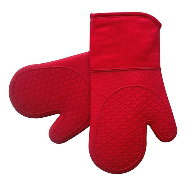 Heat Resistant Silicone Shell Kitchen Oven Mitts for 500 Degrees with Waterproof, Set of 2 Oven Gloves with Cotton Lining for BBQ Cooking Set Baking Grilling Barbecue Microwave Machine Washable Red