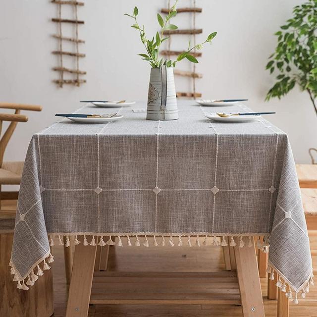 smiry Embroidery Tassel Tablecloth - Cotton Linen Dust-Proof Table Cover for Kitchen Dining Room Party Home Tabletop Decoration (Rectangle/Oblong, 55 x 70 Inch, Light Grey)