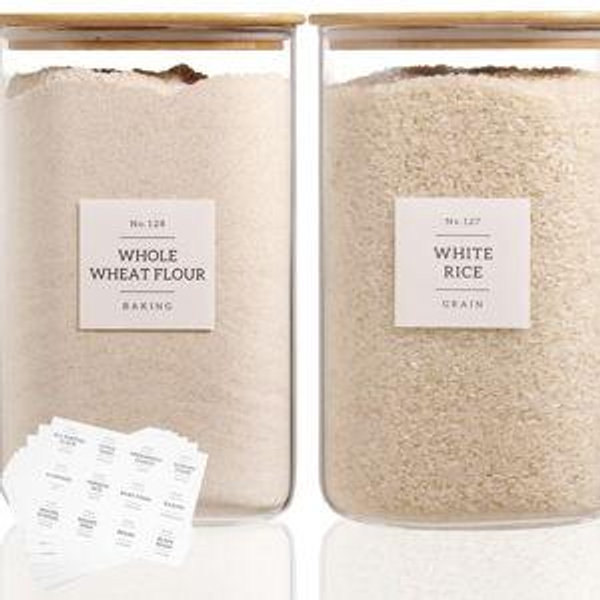 2 Pack large Square Glass Flour and Sugar Containers with 132 Kitchen Pantry Labels - Thicken 149 floz Glass Storage Jars with Airtight Bamboo Lid - Big Rice Canisters for Coffee, Pasta, Cereal