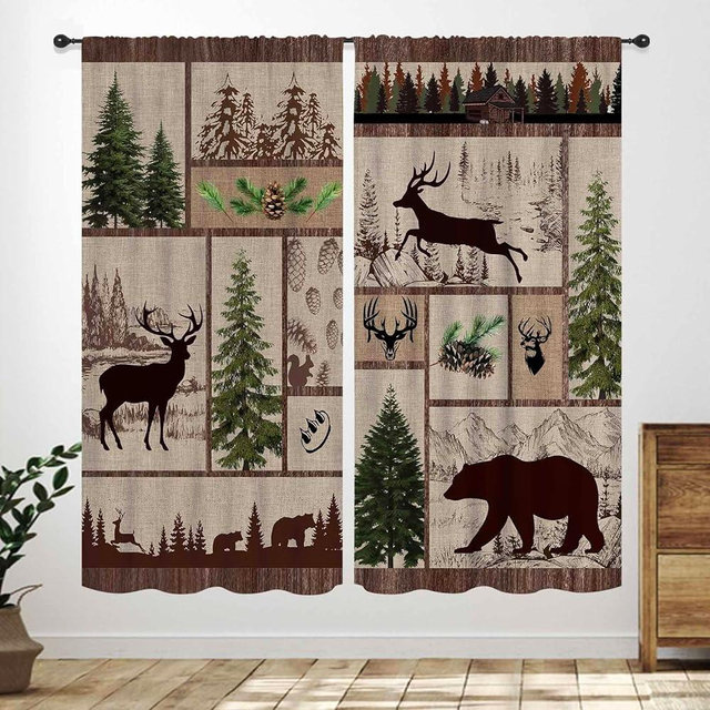 Lnepty Cabin Retro Curtains,Rustic Lodge Bear Deer Country Hunting Wild Animal Plaid Check Adventure Farmhouse Window Treatments for Bedroom Living Room Kitchen Drapes 27.5" W x 63" L,2 Panel Set