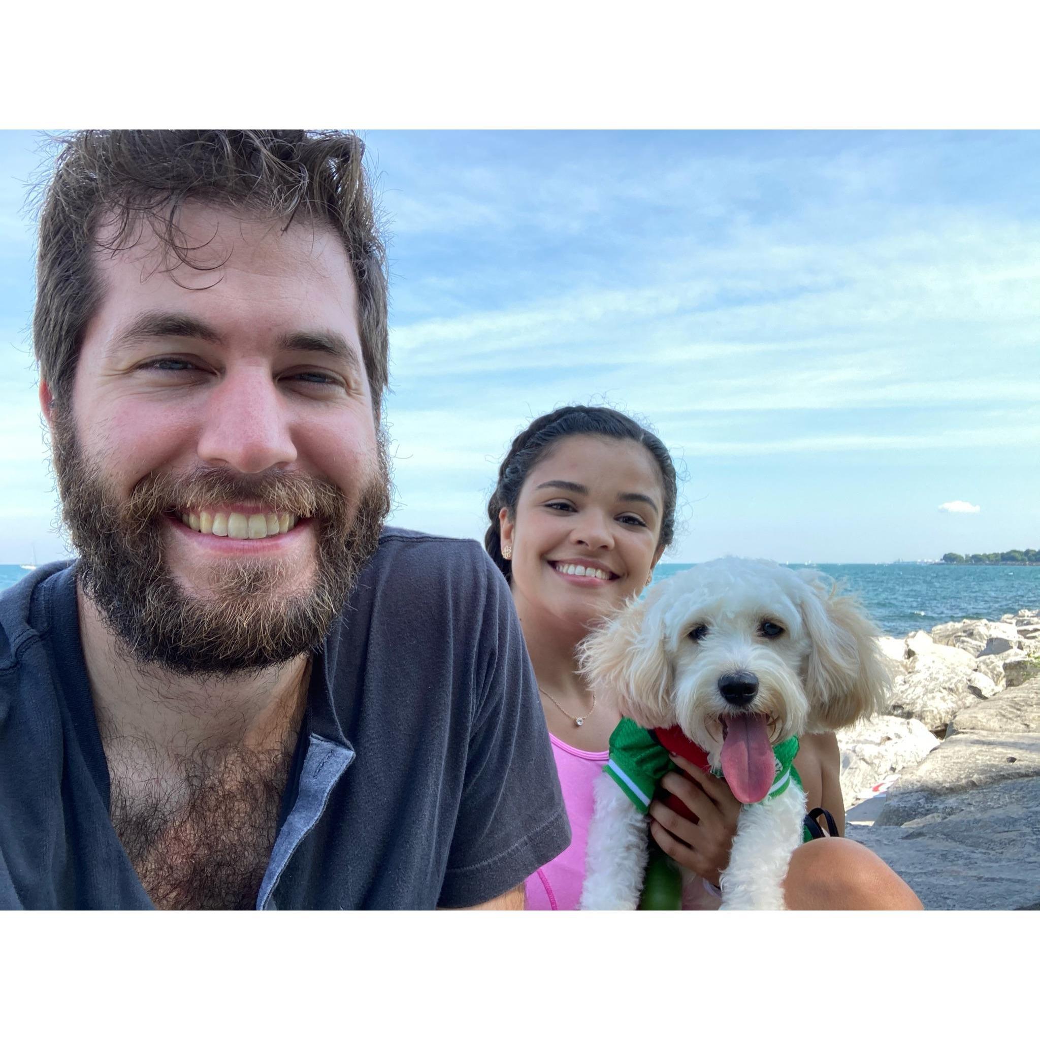On a lovely walk along the lake with the newest member of our family, Kemba, in July of 2020. Also featuring a very hairy quarantine Alex (resembling Tom Hanks in Castaway?)