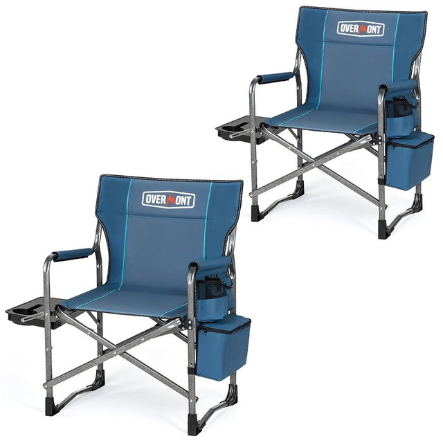 Overmont 2PCS Oversized Lightweight Camping Chair - Portable Comfortable Heavy Duty Foldable Directors Chairs with Side Table & Cooler Bag for Outside Camp Beach Picnic Lawn and Fishing Support 400lbs