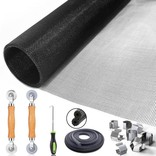 Window Screen Door Repair/Replacement Kit, King&Charles Include Black Screen Mesh 48"x118"+ 2 Roller+50Ft Spline+8Clips+Hook, 6 in 1 Window Mesh Kit, Steel/Nylon Bearing Roller
