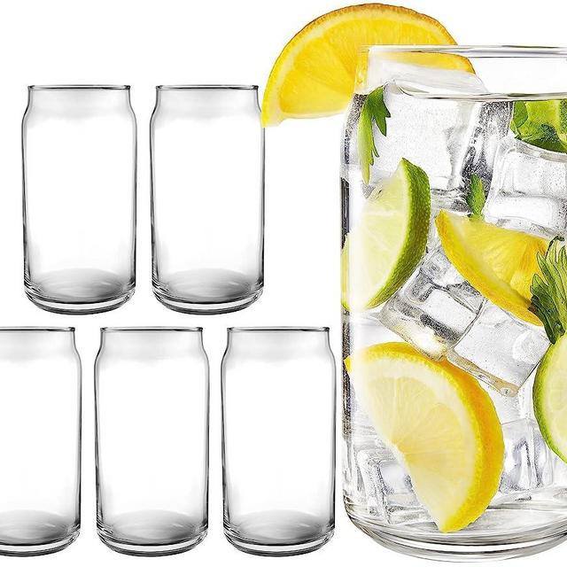 16 oz Can Shaped Glass Cups, Set of 6 Beer Can Glasses, Aesthetic Soda Can Cup Clear Glass Tumbler Beer Glasses, Tall Cocktail Drinkware Cute Cups, Cool Drinking Glasses for Kitchen, Modern Glassware