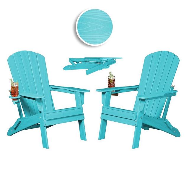 Plawdlik Folding Adirondack Chair, SGS Tested, Wooden Textured with Cup Holder, Heavy All-Weather HDPE Comfortable Set Poolside Backyard Lawn Aruba Blue