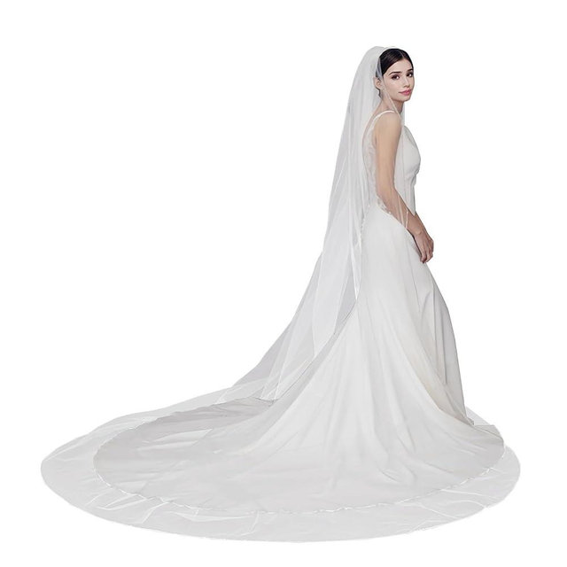 GAODESI Wedding Veil Pearls and Crystals Beaded Edge 1 Tier Fingertip Length Bridal Veil