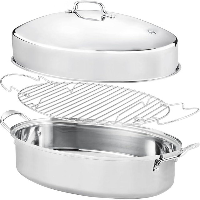 Roasting Pan With Rack and Lid,Oval Stainless Steel Turkey Roasting Pan,22INCH(With Handle), Dishwasher Safe Bakeware for Turkey,Roasted Chicken,Beef or Veggies,by DIMESHY