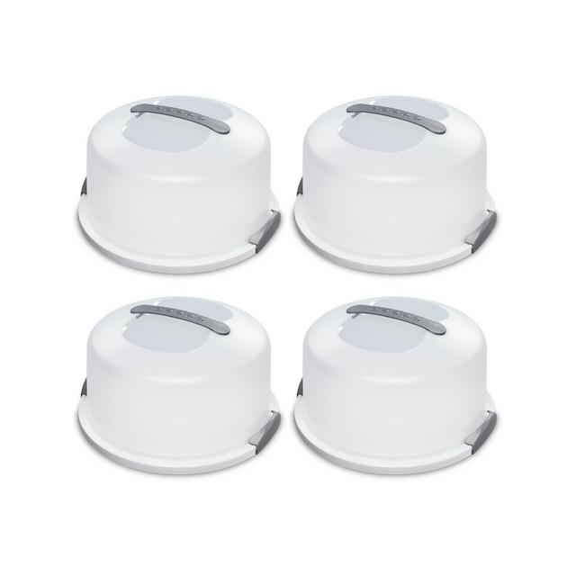 Sterilite Cake Server, Plastic Food Storage Container with Lid, Latches and Handle, Dessert Carrier, Dishwasher Safe, Clear Lid and White Base, 4-Pack