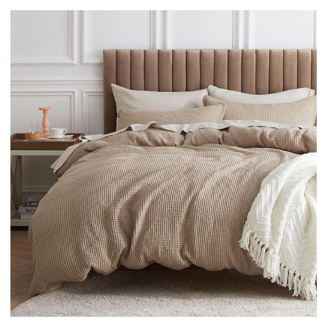 3 Pieces Bedsure Cotton Duvet Cover Queen Khaki Update 100 Percent Cotton Waffle Weave Bedding Set GentleSoft Breathable All Season OEKO-TEX Certified