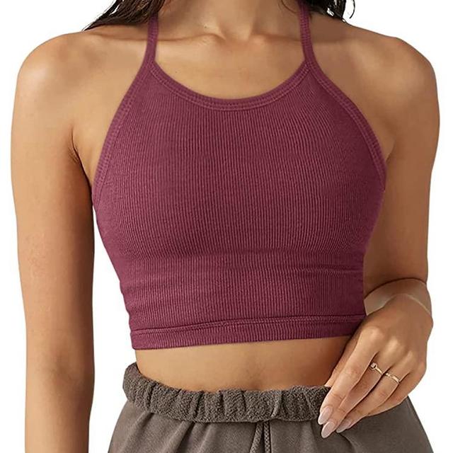 LASLULU Sports Bra for Women Crop Tops Racer Back Tank Tops Longline Workout Yoga Bra Halter Neck Cropped Casual Tops