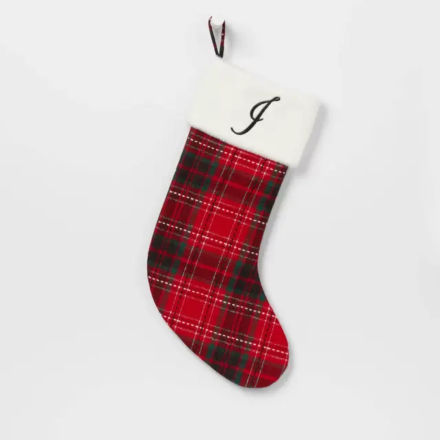 20" Plaid Monogram 'I' Christmas Holiday Stocking with Faux Fur Cuff Red/Green/White - Wondershop™