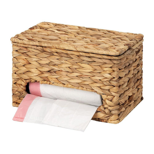 StorageWorks Trash Bag Holder with Lid, Wall Mount Water Hyacinth Plastic Bag Holder for Kitchen, Cabinet and Countertop