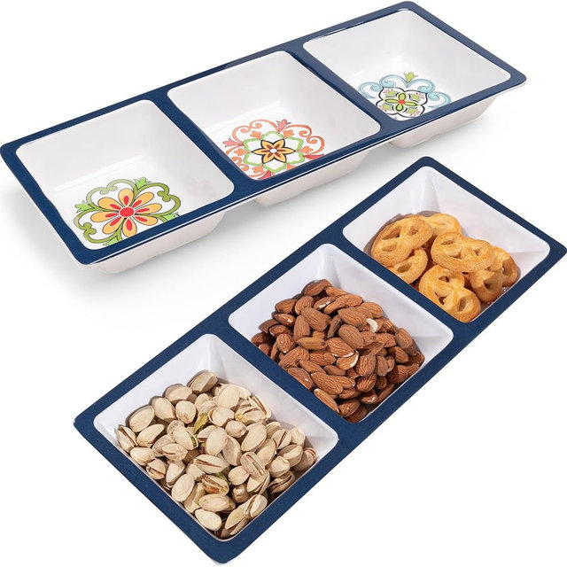 ZAROCRUS 3-Section Divided Serving Trays, Talavera 14.75”x 6” Unbreakable Melamine Serving Platter for Serving Food, 3 Compartment Condiment Tray, Rectangular Condiment Server Set of 2