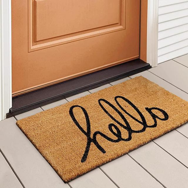 Hello Door Mat Outdoor by LuxUrux, with Heavy-Duty PVC Backing - Natural - Perfect Color/Sizing for Outdoor/Indoor uses. (17 x 30, Walnut)
