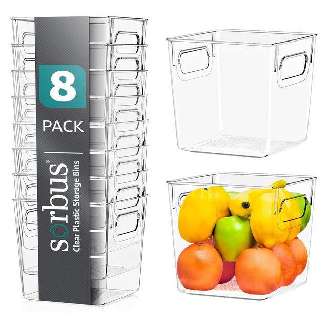 Sorbus 8 Pack Small Clear Storage Bins with Handles - for Kitchen, Cabinet Organizer, Pantry & Refrigerator