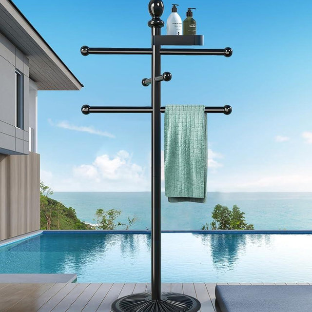 Pool Towel Rack Outdoor, 6 Bars Metal Heavy Duty Never Tilt Pool Accessories with Heavy Metal Base, Hot Tub Accessories Towel Dying Rack Towel Stand for Pool, Spa