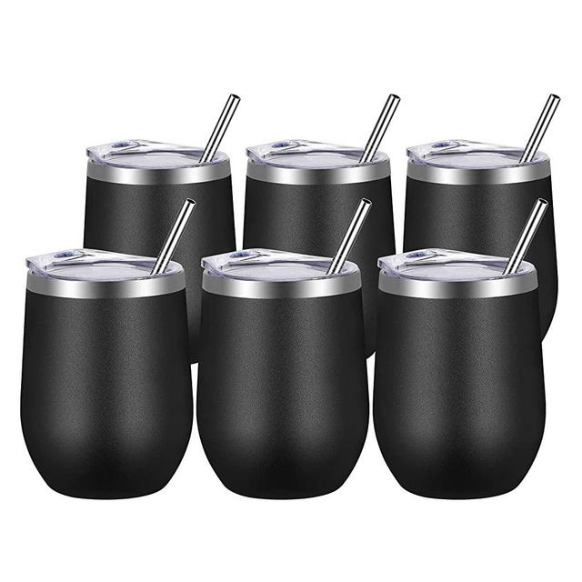 VEGOND Wine Tumblers Bulk 6 Pack, 12oz Stainless Steel Stemless Wine Glass with Lids and Straws，Double Wall Vacuum Insulated Tumbler Cup, Coffee Mug for Cold Hot Drinks