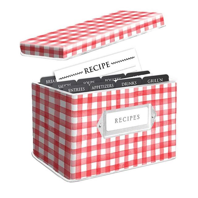 Plaid Recipe Box and Cards and Dividers, Recipe Card Box, Recipe Card Holder, Recipe Tin Box, Recipe Holder with Recipe Cards 4x6 and Recipe Box Dividers, Metal Recipe Box (Red and White)