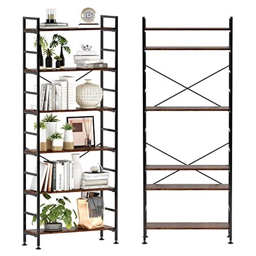CosyStar 6-Tier Adjustable Tall Bookcase, Rustic Wood and Metal Standing Bookshelf, Industrial Vintage Book Shelf Unit, Open Back Modern Office Bookcases