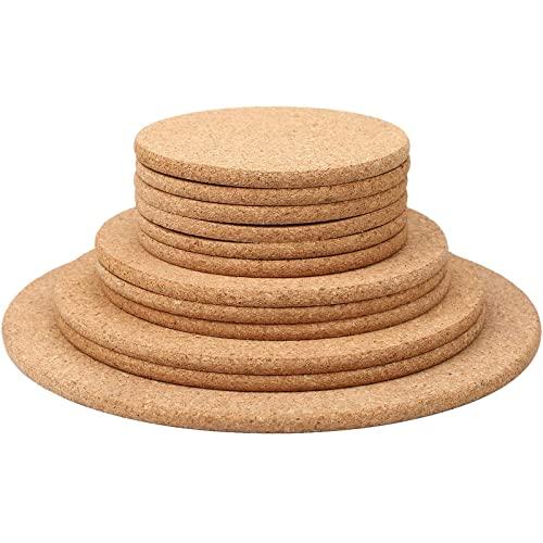 Cork Coasters Cup Trivets Wooden Thick Drink Round Coasters Absorbent Blank Cork Base Mat for Wine Glasses Cups Mugs Home Bar Kitchen Restaurant Cafe Wedding Party Supplies, 4 Sizes (12 Pieces)