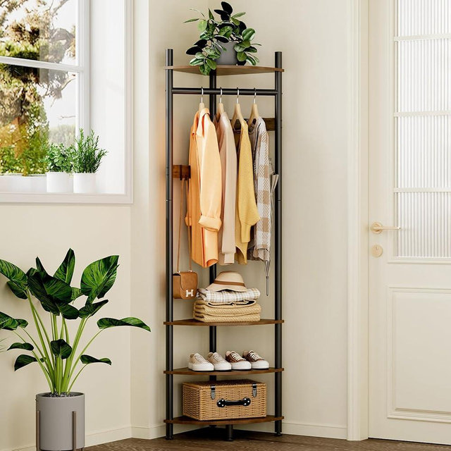 GiftGo Corner Hall Tree with Shoe Rack Entryway Coat Rack with 6 Metal Movable Hooks Floor Standing Clothes Rack Organizer for Home Office Bedroom (Rustic Brown)