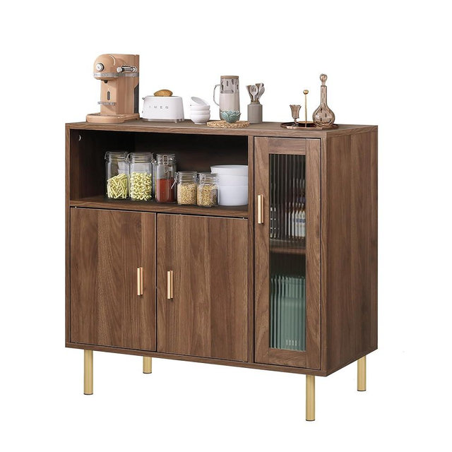 LAZZO Storage Cabinet Credenza Sideboard Buffet Cabinet with Glass Doors Free Standing Accent Entry Cabinet Coffee Bar Cabinet for Living Room, Hallway, Kitchen and Dining Room Brown