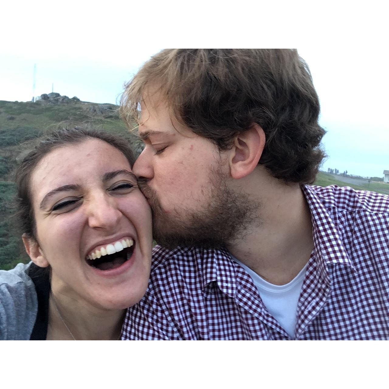 2016: You can't see it here, but we were sitting on a cliff at Point Reyes (near San Francisco).