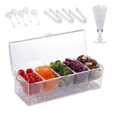 Ice Chilled 5 Compartment Condiment Server Caddy | Serving Tray Container with 5 Removable Dishes over 2 Cup Capacity Each and Hinged Lid | 5 Spoons + 3 Tongs + 1 cup with forks Included