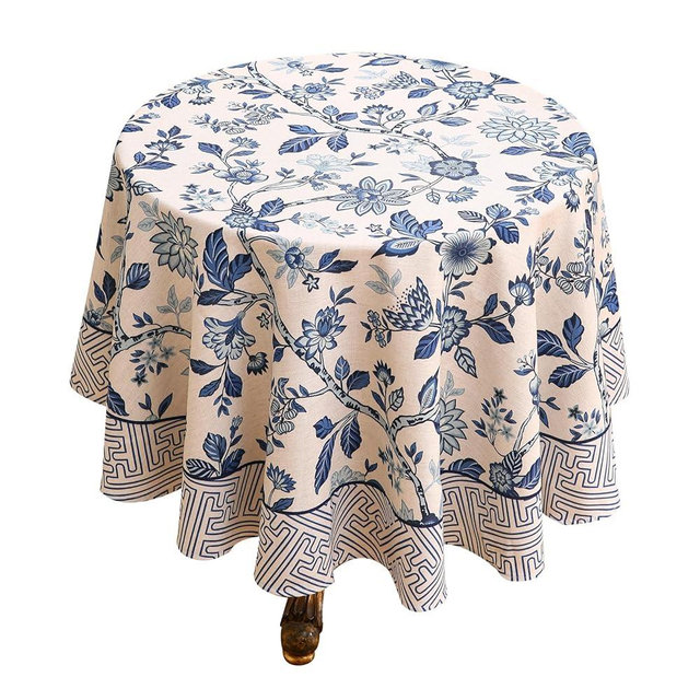 bilin gaier Vintage French Linen Round Tablecloth,Blue and White Floral Table Cloth,Wrinkle Free Tablecloths,Decor Table Cover for Kitchen,Dining,Tea Party,Home,Christmas,Diameter 67"
