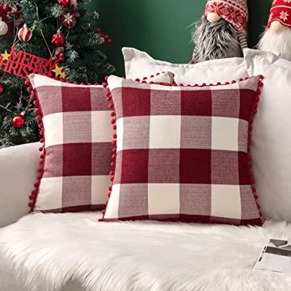 MIULEE Set of 2 Retro Farmhouse Buffalo Plaid Check Pillow Cases with Pom-poms Decorative Throw Pillow Covers Cushion Case for Christmas Sofa Couch 18x18 Inch Red and White