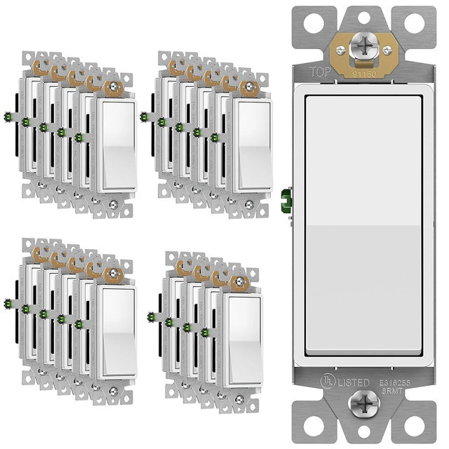 Enerlites Light Switch On/Off Paddle Wall Switch 91150-W | 15 Amp, 120V/277V, AC, Single Pole, 3 Wire, Grounding Screw, Residential and Commercial Graded Light Switch, UL Listed | White - 20 Pack