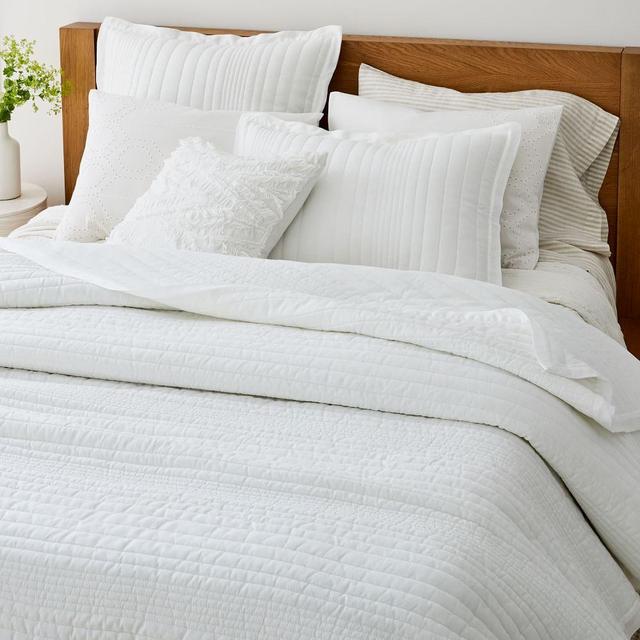 European Flax Linen Linework Quilt, Full/Queen, White