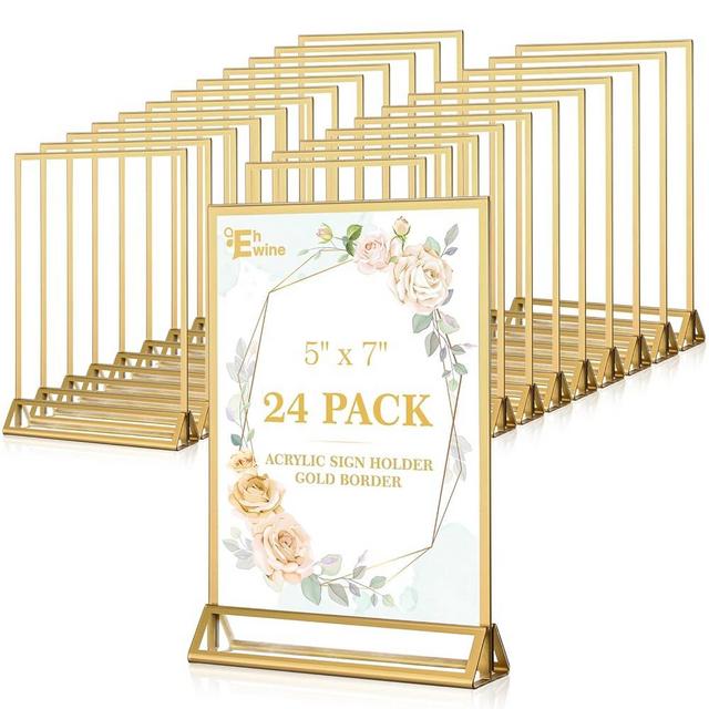 EHWINE 24 Pack Acrylic Sign Holder 5 x 7, Double Sided Gold Picture Frame Stand up Table Top Sign Holders, Clear Display Stand Menu Flyer Holder for Wedding Party