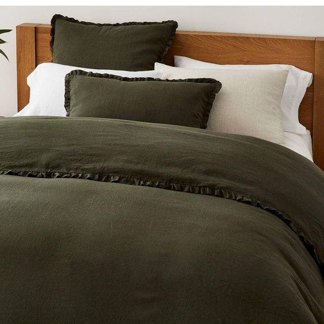 European Flax Linen Ruffle Duvet, Full/Queen, Dark Olive