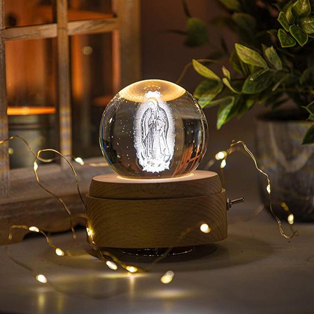 3D Crystal Ball Music Box Luxurious LED Projection Rotating Wood Base Rechargeable San Judas Tadeo, Virgin Mary for Adults and Kids Plays Spirited Away (Vigen Maria (Virgin Mary))