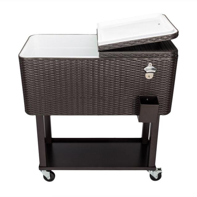 Outvita 80 Quart Rolling Ice Chest, Portable Bar Drink Cooler with Catch Basin, Bottom Storage Tray and Bottle Opener for Patio Party BBQ Beach Activities