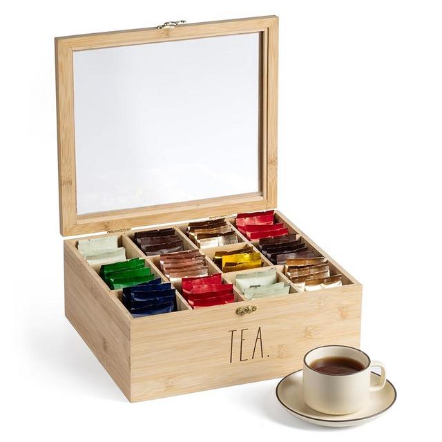 Rae Dunn Tea Bag Organizer - Tea Box Divided Storage Container Box with Hinge Lid for Kitchen Cabinet, Countertop, Pantry, Hold Coffee Pods, Seasoning Packets, Condiments, Bamboo