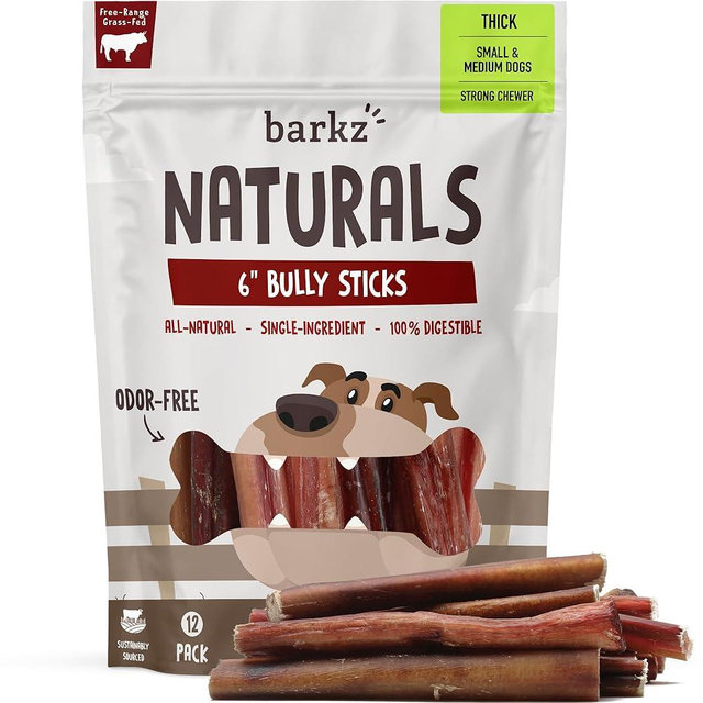 Barkz Naturals 6 Inch Odor-Free Bully Sticks for Dogs (12 Pack) - 100% All-Natural Thick Beef Pizzle Sticks for Small to Medium Dogs - Strong Chewers - Fully Digestible
