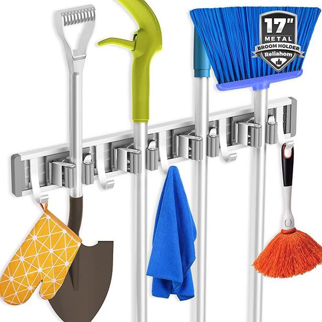 Reliahom Broom Holder Mop Hanger Wall Mount Metal Organization Garage Storage System Garden Kitchen Tool Organizer (4 Racks with 5 Hooks, Silver)